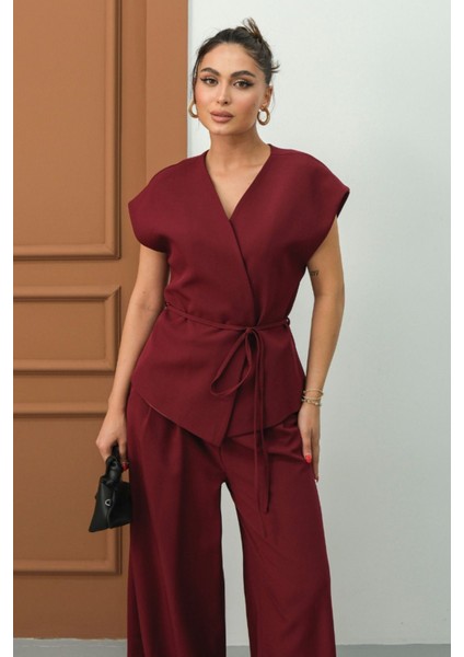 Kadın Ikili Alt Üst Takım Bağcıklı Bol Kesim Dökümlü Yazlık Kısa Kollu Kimono Ceket Palazzo Pantolon modelleri