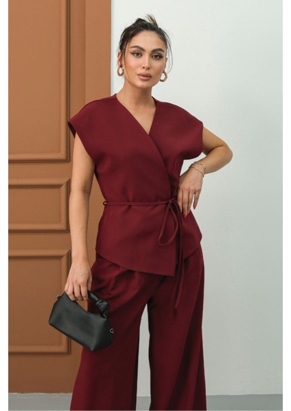 Kadın Ikili Alt Üst Takım Bağcıklı Bol Kesim Dökümlü Yazlık Kısa Kollu Kimono Ceket Palazzo Pantolon fırsatları