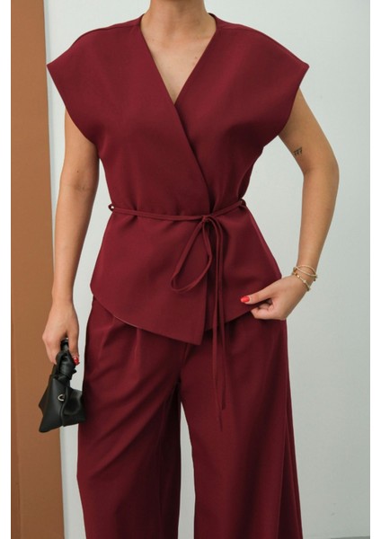 Kadın Ikili Alt Üst Takım Bağcıklı Bol Kesim Dökümlü Yazlık Kısa Kollu Kimono Ceket Palazzo Pantolon indirimleri