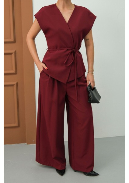 Kadın Ikili Alt Üst Takım Bağcıklı Bol Kesim Dökümlü Yazlık Kısa Kollu Kimono Ceket Palazzo Pantolon