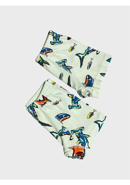 Erkek Çocuk %100 Pamuklu Beyaz Balina Desenli 2 Li Boxer
