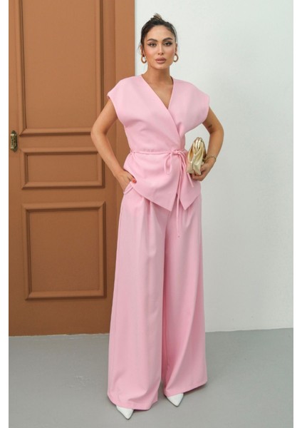 Kadın Ikili Alt Üst Takım Bağcıklı Bol Kesim Dökümlü Yazlık Kısa Kollu Kimono Ceket Palazzo Pantolon