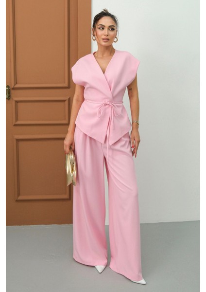 Kadın Ikili Alt Üst Takım Bağcıklı Bol Kesim Dökümlü Yazlık Kısa Kollu Kimono Ceket Palazzo Pantolon fiyatları