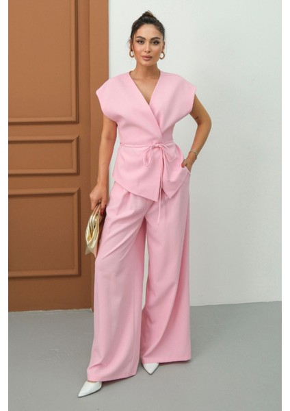 Kadın Ikili Alt Üst Takım Bağcıklı Bol Kesim Dökümlü Yazlık Kısa Kollu Kimono Ceket Palazzo Pantolon modelleri