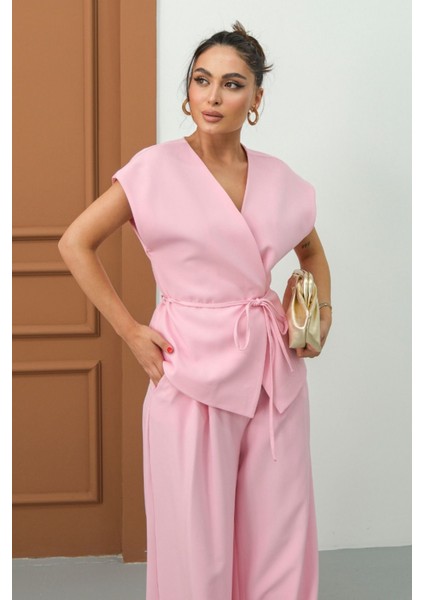 Kadın Ikili Alt Üst Takım Bağcıklı Bol Kesim Dökümlü Yazlık Kısa Kollu Kimono Ceket Palazzo Pantolon fırsatları