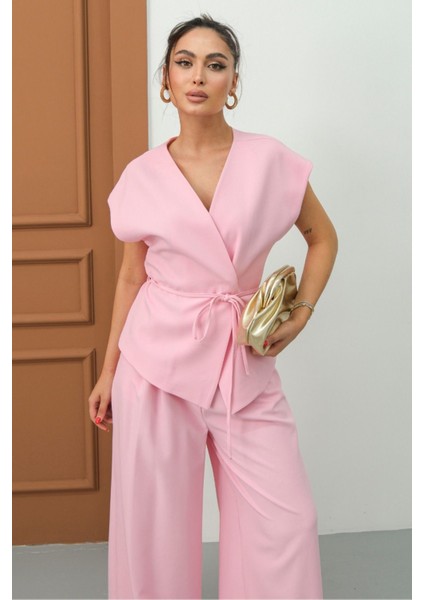 Kadın Ikili Alt Üst Takım Bağcıklı Bol Kesim Dökümlü Yazlık Kısa Kollu Kimono Ceket Palazzo Pantolon indirimleri