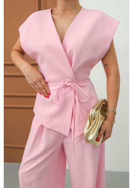 Kadın Ikili Alt Üst Takım Bağcıklı Bol Kesim Dökümlü Yazlık Kısa Kollu Kimono Ceket Palazzo Pantolon