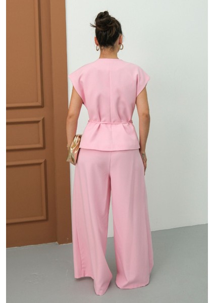 Kadın Ikili Alt Üst Takım Bağcıklı Bol Kesim Dökümlü Yazlık Kısa Kollu Kimono Ceket Palazzo Pantolon