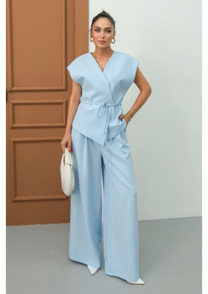 Kadın Ikili Alt Üst Takım Bağcıklı Bol Kesim Dökümlü Yazlık Kısa Kollu Kimono Ceket Palazzo Pantolon