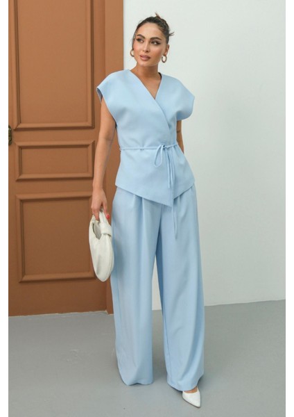 Kadın Ikili Alt Üst Takım Bağcıklı Bol Kesim Dökümlü Yazlık Kısa Kollu Kimono Ceket Palazzo Pantolon fiyatları