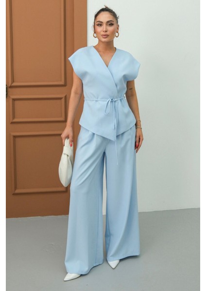 Kadın Ikili Alt Üst Takım Bağcıklı Bol Kesim Dökümlü Yazlık Kısa Kollu Kimono Ceket Palazzo Pantolon modelleri