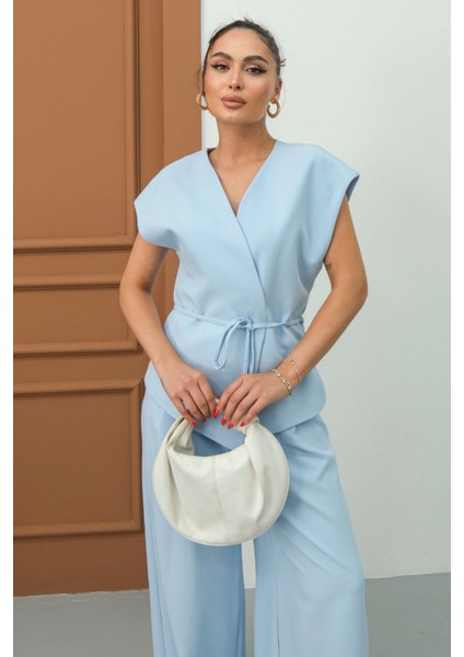 Kadın Ikili Alt Üst Takım Bağcıklı Bol Kesim Dökümlü Yazlık Kısa Kollu Kimono Ceket Palazzo Pantolon fırsatları