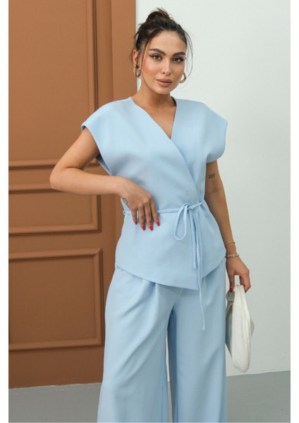 Kadın Ikili Alt Üst Takım Bağcıklı Bol Kesim Dökümlü Yazlık Kısa Kollu Kimono Ceket Palazzo Pantolon indirimleri