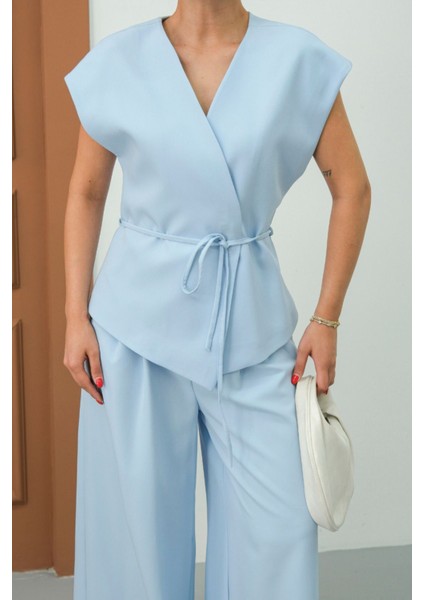 Kadın Ikili Alt Üst Takım Bağcıklı Bol Kesim Dökümlü Yazlık Kısa Kollu Kimono Ceket Palazzo Pantolon