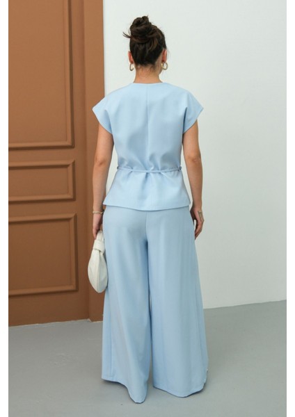 Kadın Ikili Alt Üst Takım Bağcıklı Bol Kesim Dökümlü Yazlık Kısa Kollu Kimono Ceket Palazzo Pantolon