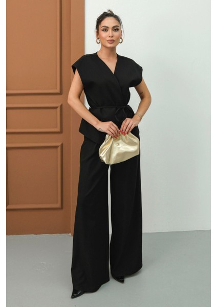 Kadın Ikili Alt Üst Takım Bağcıklı Bol Kesim Dökümlü Yazlık Kısa Kollu Kimono Ceket Palazzo Pantolon