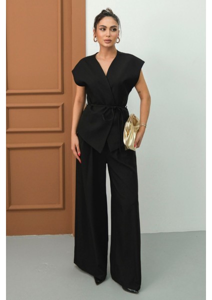 Kadın Ikili Alt Üst Takım Bağcıklı Bol Kesim Dökümlü Yazlık Kısa Kollu Kimono Ceket Palazzo Pantolon modelleri