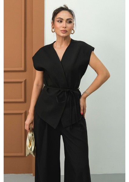 Kadın Ikili Alt Üst Takım Bağcıklı Bol Kesim Dökümlü Yazlık Kısa Kollu Kimono Ceket Palazzo Pantolon fırsatları