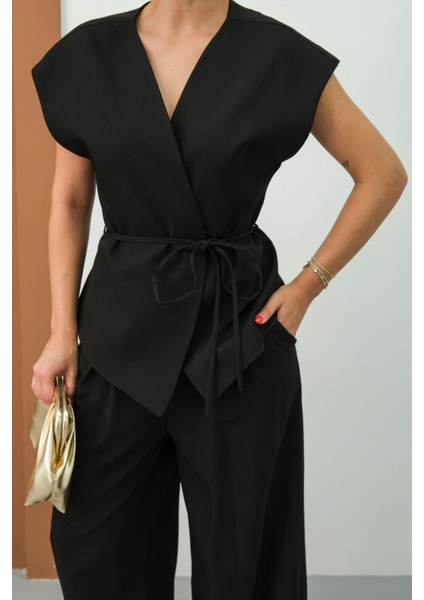 Kadın Ikili Alt Üst Takım Bağcıklı Bol Kesim Dökümlü Yazlık Kısa Kollu Kimono Ceket Palazzo Pantolon indirimleri