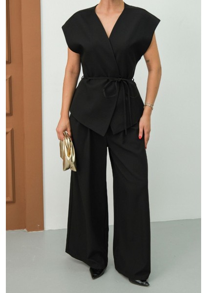 Kadın Ikili Alt Üst Takım Bağcıklı Bol Kesim Dökümlü Yazlık Kısa Kollu Kimono Ceket Palazzo Pantolon