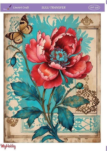 LNT-318 Kırmızı Çiçek, Kelebek 25 * 35 cm Sulu Transfer