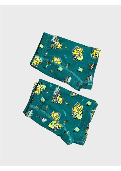 Erkek Çocuk %100 Pamuklu Yeşil Iş Makinesi Desenli 2 Li Boxer