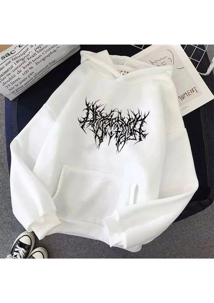 Gotik Baskılı Unisex Oversize/rahat Kesim Basic Kalın/içi Polarlı Kapşonlu Sweatshirt