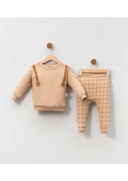 Ayıcık Nakışlı Erkek Bebek Bej Ikili Takım