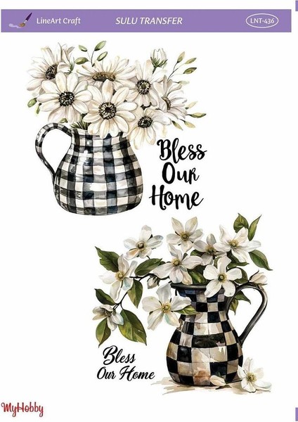 LNT436 Ekose, Sürahi, Çiçek Desenli Açık Zemin Sulu Transfer 25*35 cm