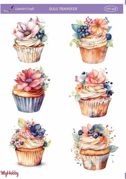 LNT428 Renkli Cupcake Desenli Açık Zemin Sulu Transfer 25*35 cm