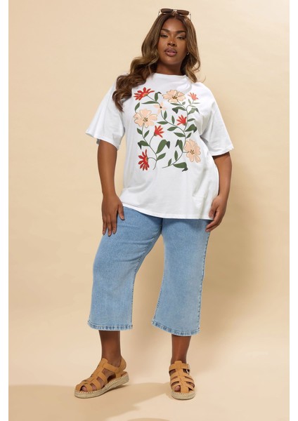 Büyük Beden Kısa Kollu Bisiklet Yaka Çiçek Desenli T-Shirt 304177 fiyatları