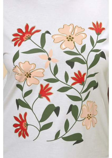 Büyük Beden Kısa Kollu Bisiklet Yaka Çiçek Desenli T-Shirt 304177 indirimleri