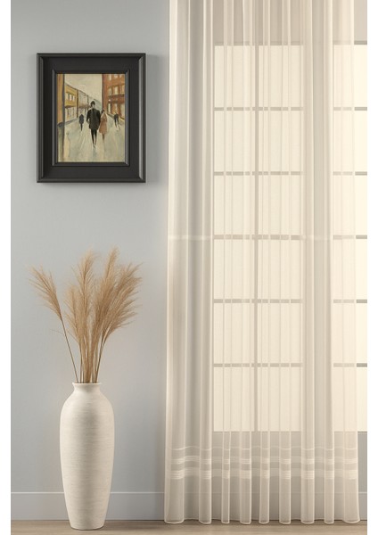 Şerit Desenli Panama Keteni - Bej - Pileli Dikim 1x2,5 Pile - S7878