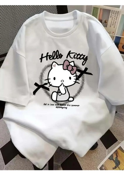 Hello Kitty Baskılı Oversize Kalıp %100 Pamuk Kumaş Tshirt