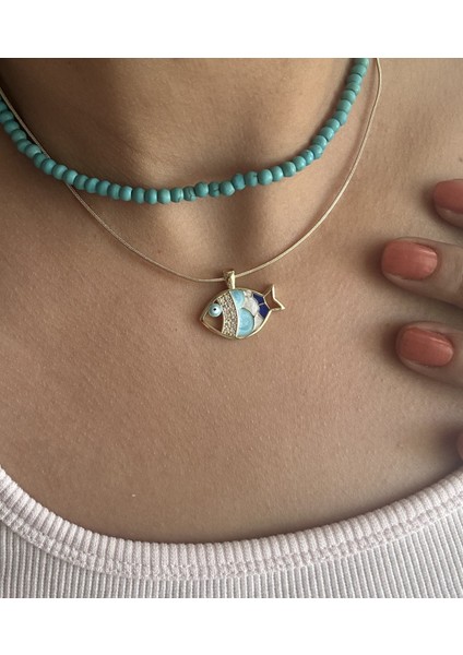 Badelis Çelik Gold Balık Figürlü Renkli Taşlı Kolye