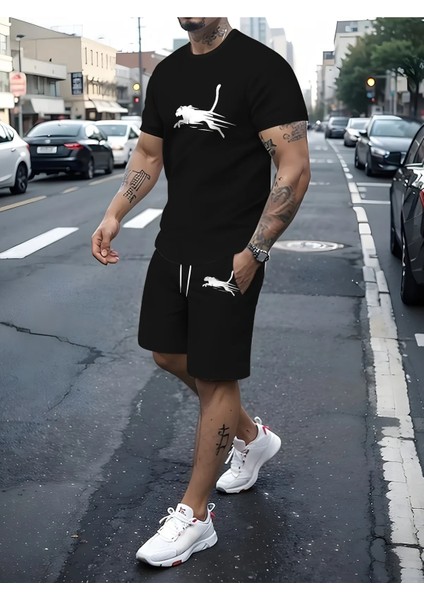 Leopar Baskılı Oversize Tshirt Şort Takımı - %100 Pamuk Oversize Tişört Bol Kesim - Caglisa