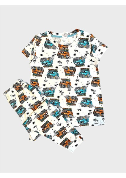 Erkek Çocuk %100 Pamuklu Beyaz Araba Desenli Kısa Kollu Altı Uzun Yazlık Pijama Takımı