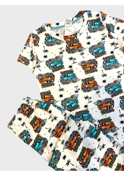 Erkek Çocuk %100 Pamuklu Beyaz Araba Desenli Kısa Kollu Altı Uzun Yazlık Pijama Takımı fiyatları