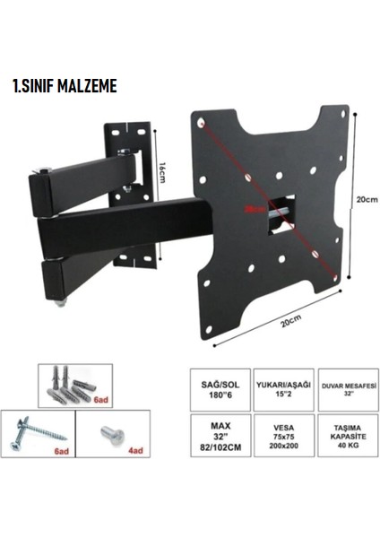 Tüm Markalar ile Uyumlu Televizyon Duvar Asma Aparatı Hareketli Üç Kollu 32 82-102CM