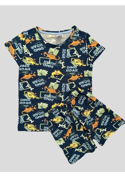 Erkek Çocuk %100 Pamuklu Dinozor Desenli Lacivert Kısa Kollu Şortlu Pijama Takımı