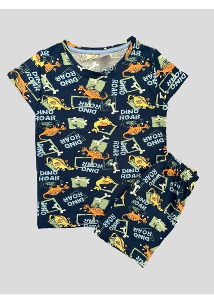 Erkek Çocuk %100 Pamuklu Dinozor Desenli Lacivert Kısa Kollu Şortlu Pijama Takımı fiyatları