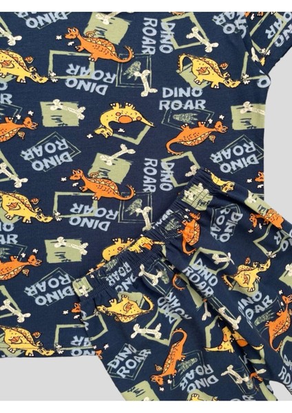 Erkek Çocuk %100 Pamuklu Dinozor Desenli Lacivert Kısa Kollu Şortlu Pijama Takımı modelleri