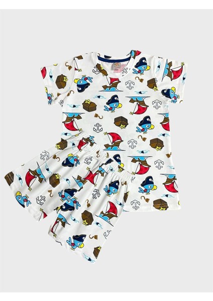 Erkek Çocuk %100 Pamuklu Beyaz Yelken Balık Desenli Kısa Kollu Şortlu Yazlık Pijama Takımı