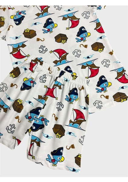 Erkek Çocuk %100 Pamuklu Beyaz Yelken Balık Desenli Kısa Kollu Şortlu Yazlık Pijama Takımı modelleri
