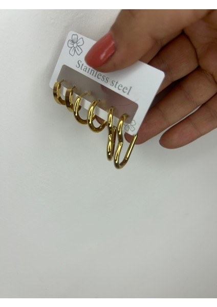 Badelis Çelik Üç Ayrı Model Gold Çoklu Küpe