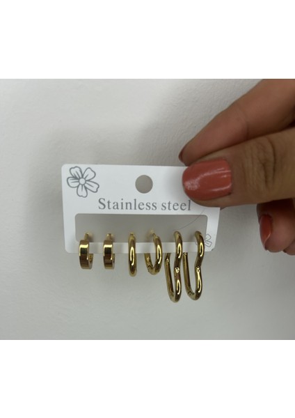 Badelis Çelik Üç Ayrı Model Gold Çoklu Küpe modelleri