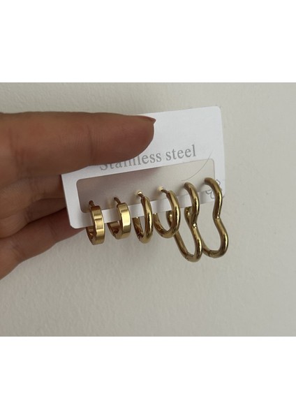 Badelis Çelik Üç Ayrı Model Gold Çoklu Küpe