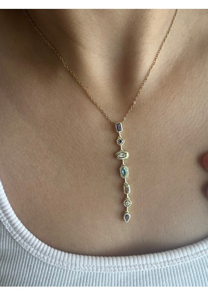 Badelis Çelik Küçük Boy Renkli Taş Detaylı Y Kolye modelleri