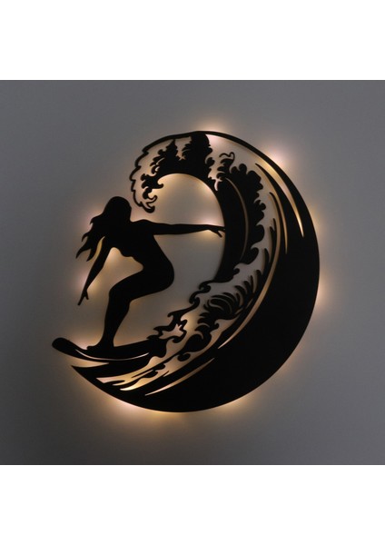 LED Işıklı Sörf Yapan Kız Dekoratif Tablo Balkon Duvar Dekorlu Gece Lambası