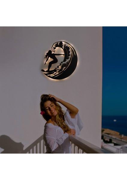 LED Işıklı Sörf Yapan Kız Dekoratif Tablo Balkon Duvar Dekorlu Gece Lambası modelleri